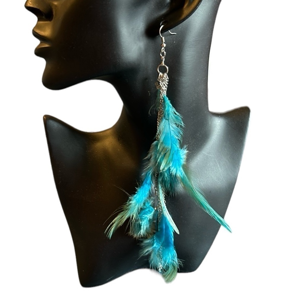Natural Cascading Teal Blue Feather and Chain Boho Style Pierced Earrings